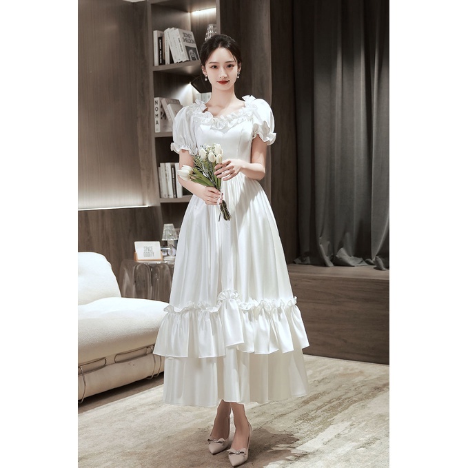 Đầm Cưới Tay Ngắn Màu Trắng Đơn Giản Thời Trang Cho Cô Dâu