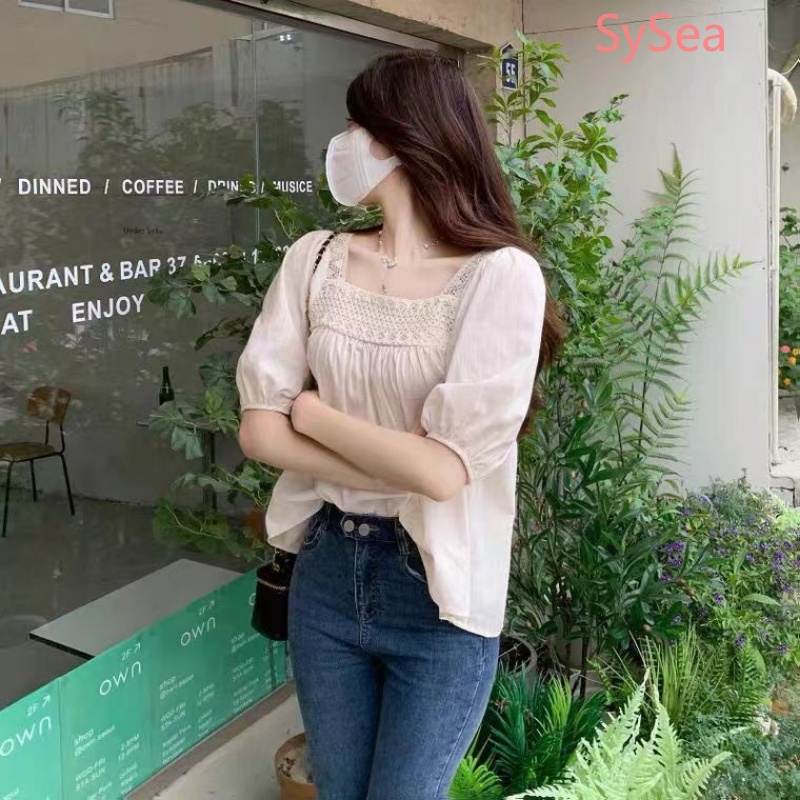 Áo Kiểu Tay Phồng Cổ Vuông Phong Cách Pháp Thanh Lịch Cho Nữ