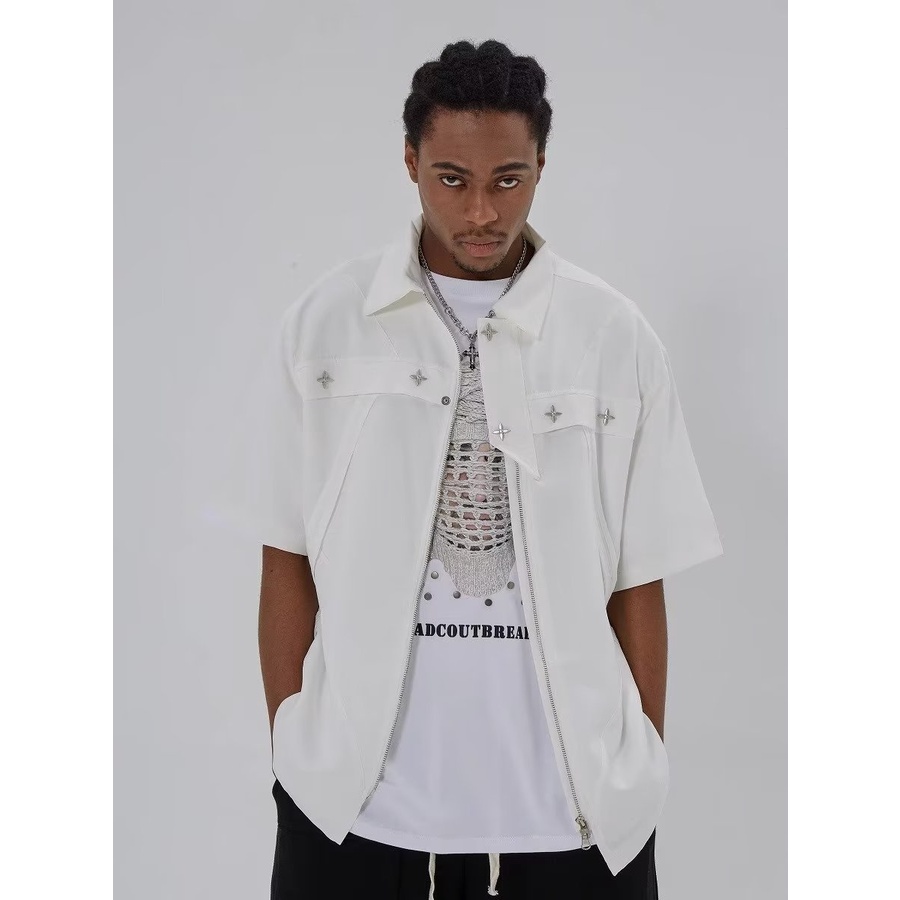 Trb 22SS Áo Sơ Mi Ngắn Tay Dáng Rộng Khóa Kéo Kim Loại Đường Phố Cao Cấp Tối Màu Dễ Phối Đồ