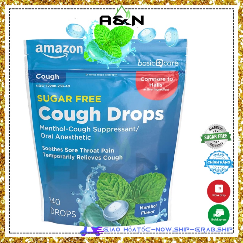 [Hàng Mỹ] Kẹo ngậm the Amazon Basic Care Cough Drops không đường bạc hà - 140 viên