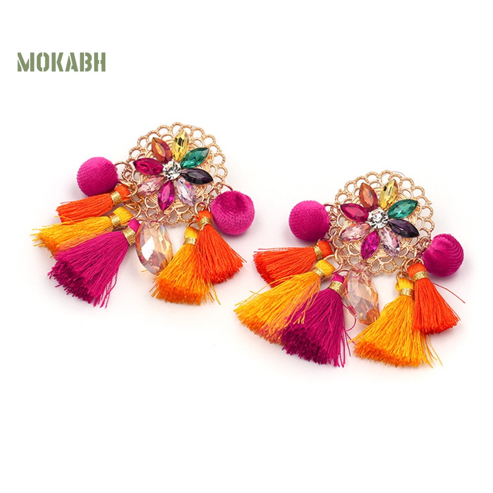 [Mok Abh] Bông Tai Đính Đá Tua Rua Phong Cách Boho