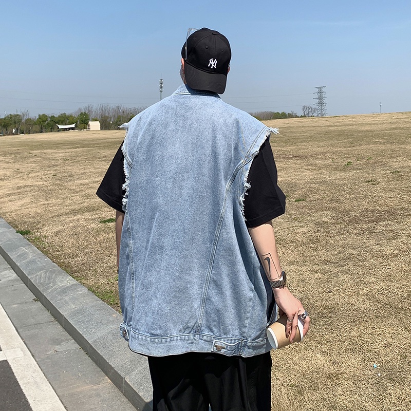 Áo Khoác Denim Sát Nách Phối Túi Phong Cách Retro Cho Nam