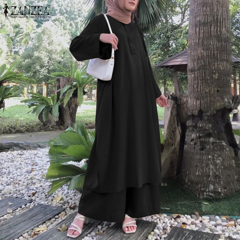 Zanzea Set Áo Thun Dài Tay Cổ Tròn + Quần Dài Lưng Thun Màu Trơn Cho Phụ Nữ Hồi Giáo