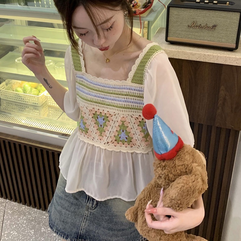 Áo Cổ Vuông Giả Hai Lớp Thời Trang Mùa Hè Hàn Quốc 2023