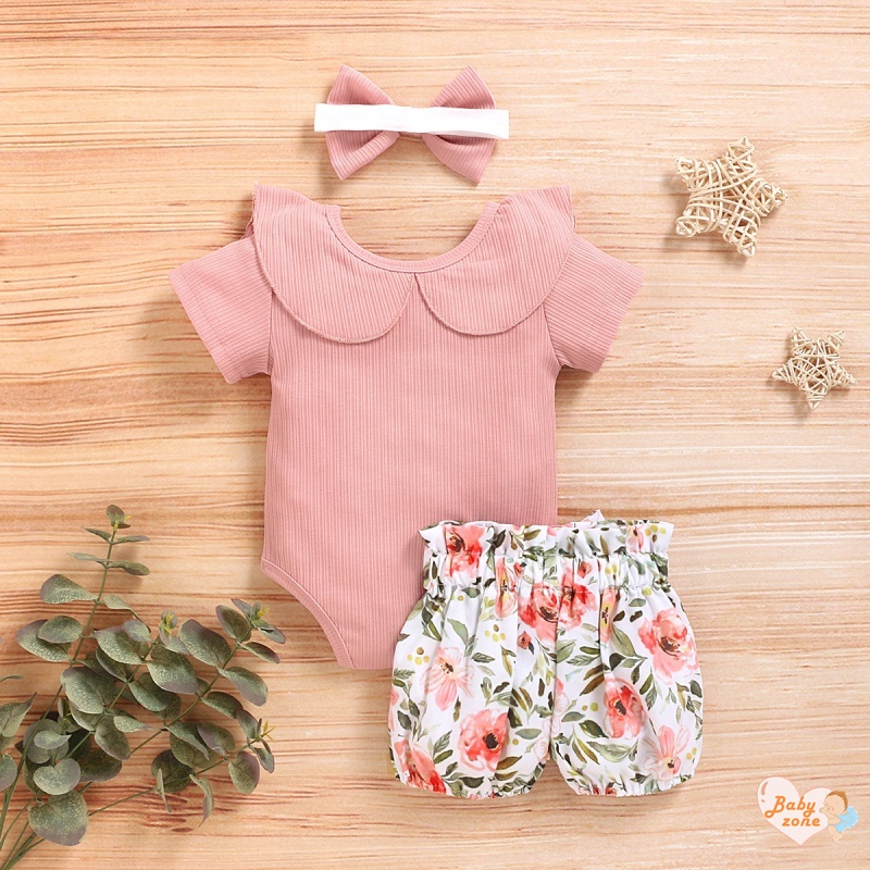 Bộ Áo Liền Quần Hai Mảnh Màu Trơn Đính Nơ In Hoa Thoải Mái Thời Trang Mùa Hè Cho Bé Gái