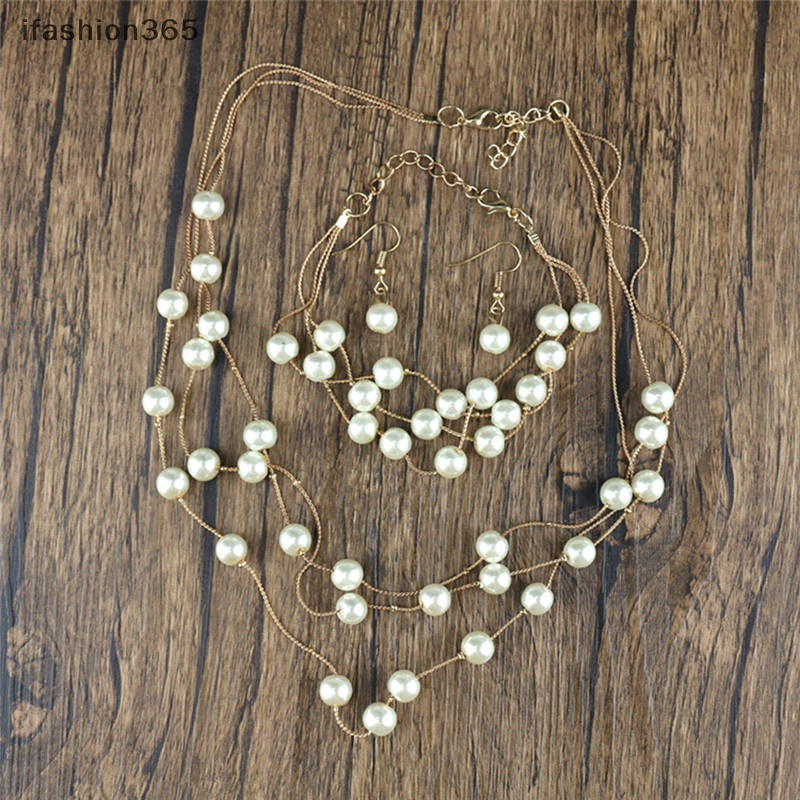 Set Vòng cổ + Vòng Tay + Bông Tai Nhiều Lớp Đính Ngọc Trai Thời Trang ifashion365