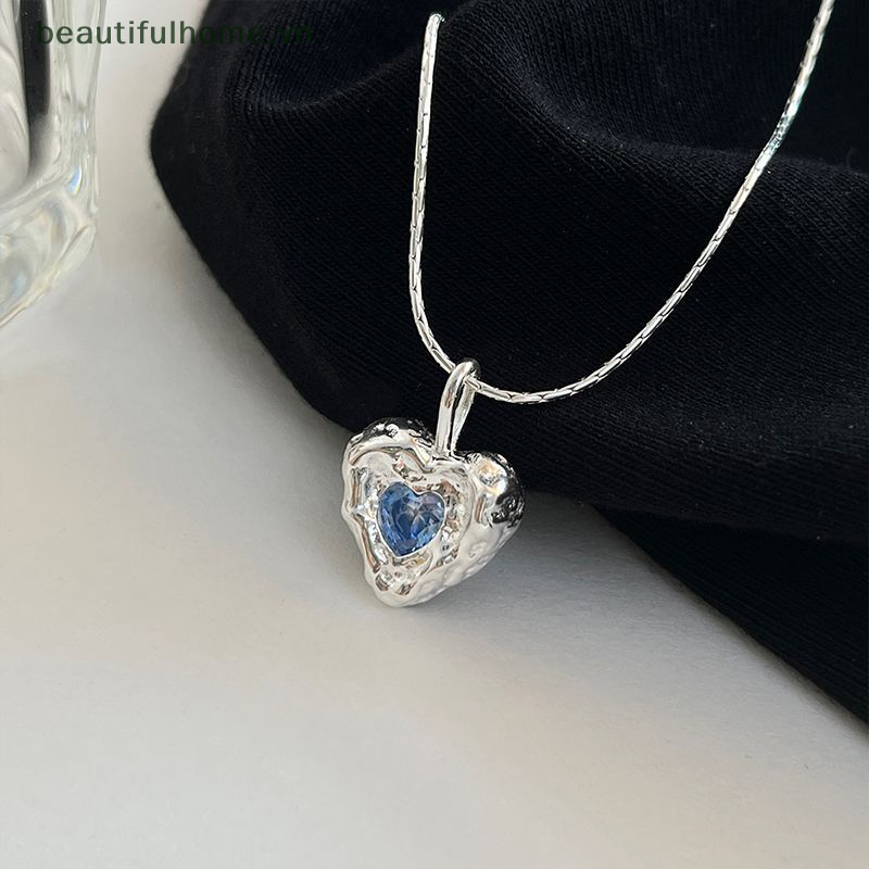 Vòng cổ Bạc Mặt Trái Tim Đính Pha Lê Xanh Dương Thời Trang Hàn Quốc Cho Nữ