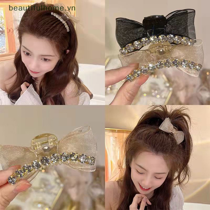 1 Kẹp Tóc Hình Nơ Lưới Hai Mặt Bằng Acrylic Đính Đá Sáng Nhẹ Ngọt Ngào