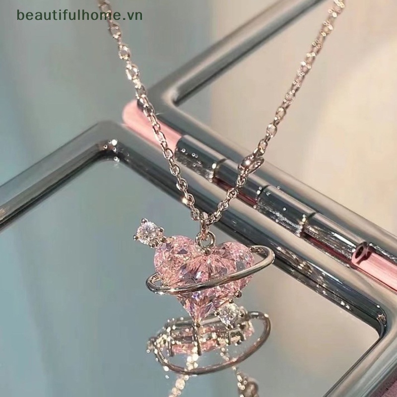 [beautifulhome] Vòng cổ Mặt Hình Trái Tim Đính Đá Zircon Màu Hồng Ngọt Ngào Tinh Tế Cho Nữ