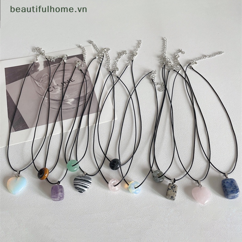 [beautifulhome] Vòng cổ Dây Đen Mặt Đá Vuông / Trái Tim Phong Cách Vintage Đơn Giản Dành Cho Nam Nữ Làm Đẹp [beauty]