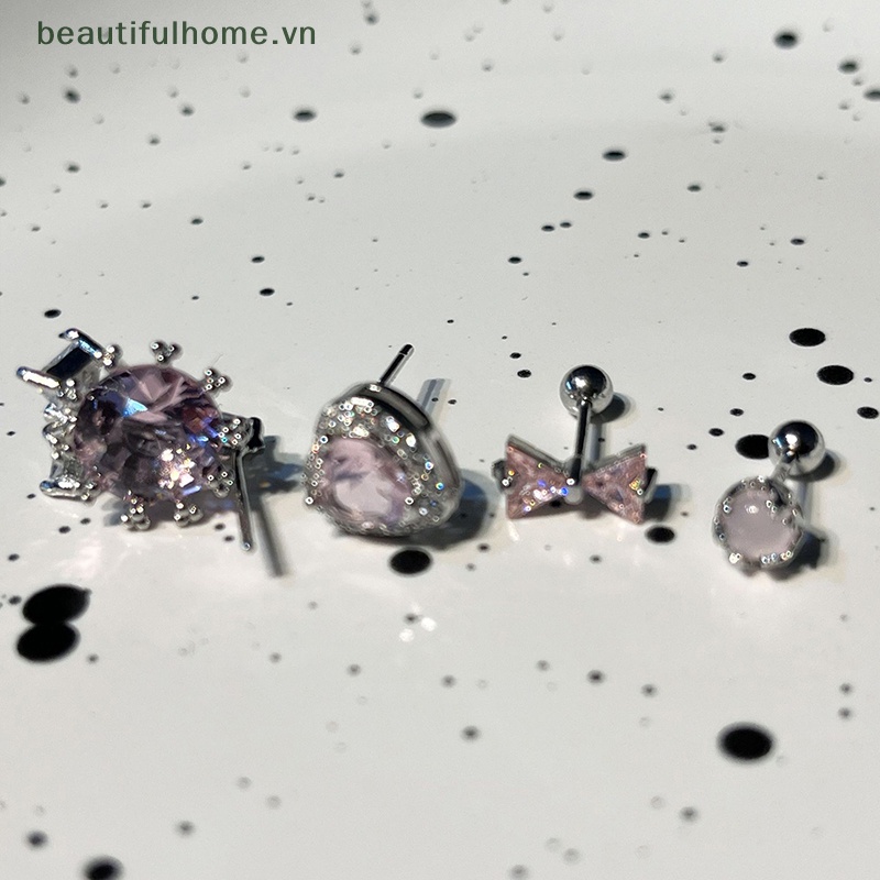 Bông Tai Hình Nơ / Trái Tim Phối Tua Rua Đính Đá Zircon Màu Hồng Ngọt Ngào Dễ Thương Cho Nữ