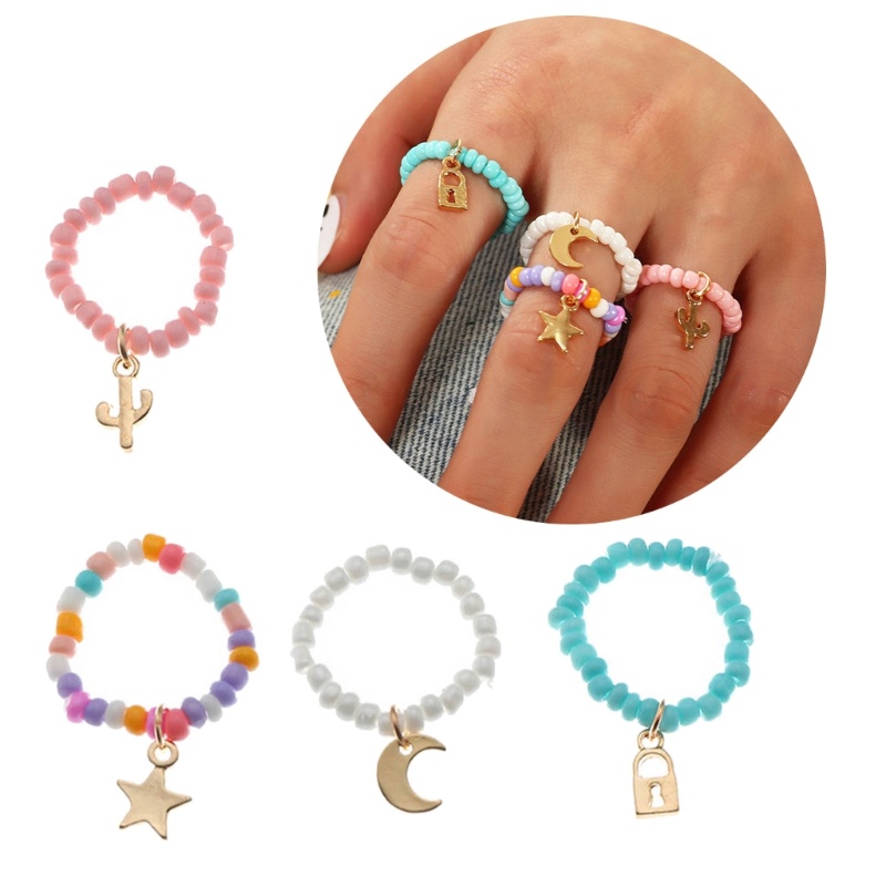 Set 4 Nhẫn Đeo Khớp Ngón Tay Họa Tiết Ngôi Sao / Mặt Trăng Màu Sắc Cầu Vồng Dễ Thương