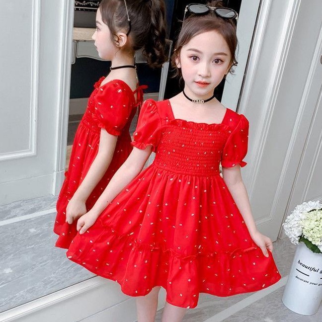 Đầm Voan Đỏ Cổ Vuông Co Giãn Thời Trang Dự Tiệc Cho Bé Gái 3-11 Tuổi