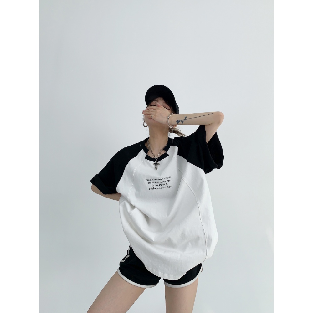 Áo Thun Raglan Tay Ngắn Dáng Rộng Màu Sắc Tương Phản Phong Cách Retro Dành Cho Nữ