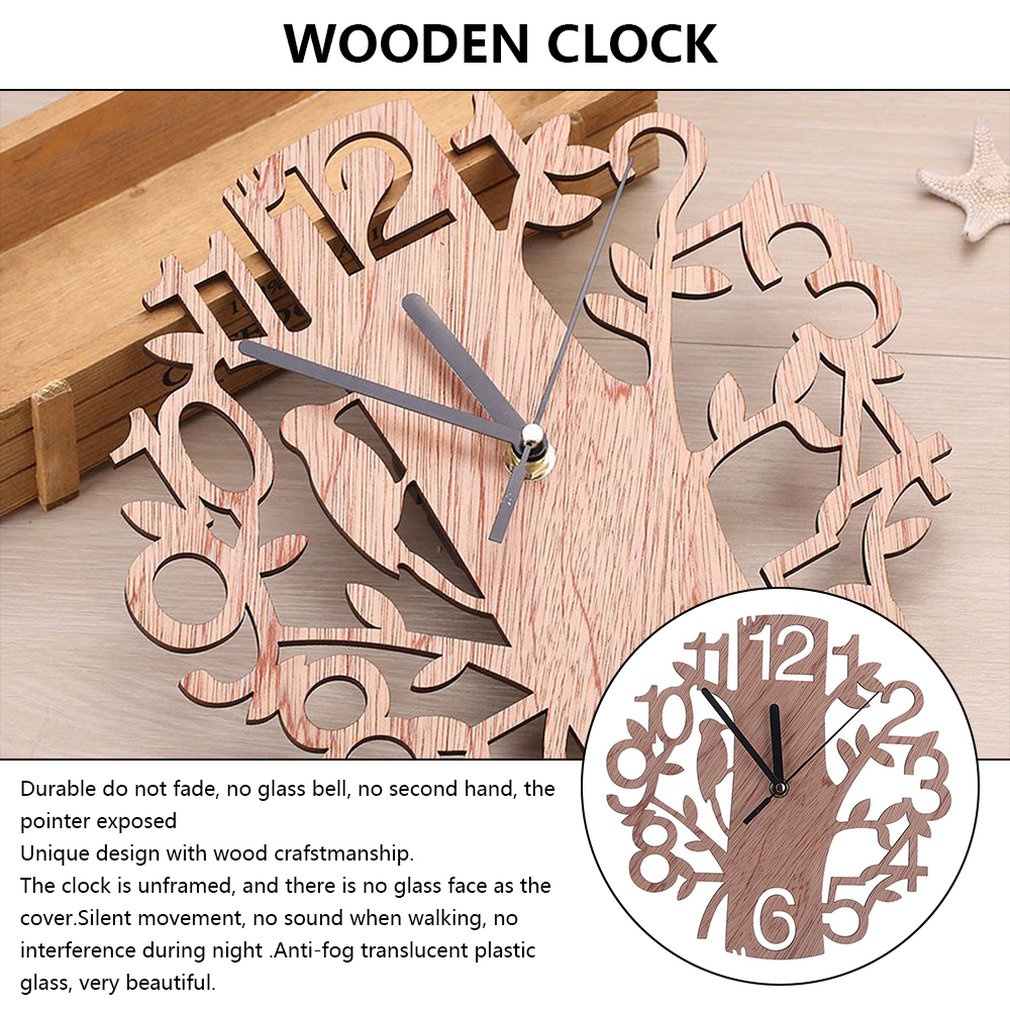 =Christmas=Hollow Tree Decoration Round Wooden Out Wall Clock Living Room Home WATCH