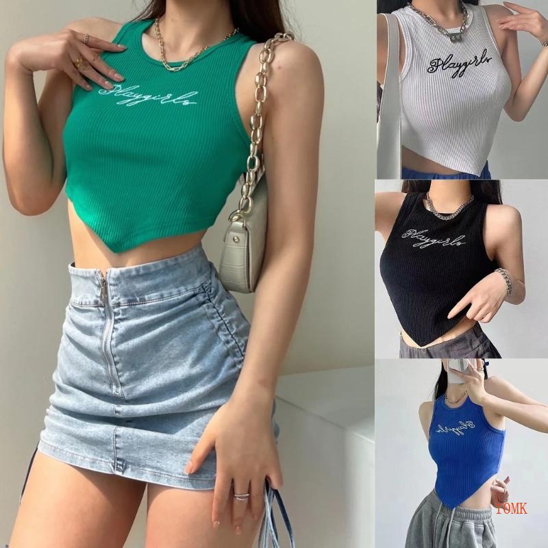 Áo Croptop Sát Nách Cổ Tròn Thêu Chữ Thời Trang Cho Nữ