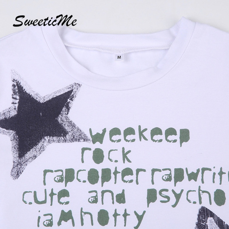 Áo Thun Tay Ngắn Cổ Tròn In Chữ Và Ngôi Sao Thời Trang 2023 Dành Cho Nữ