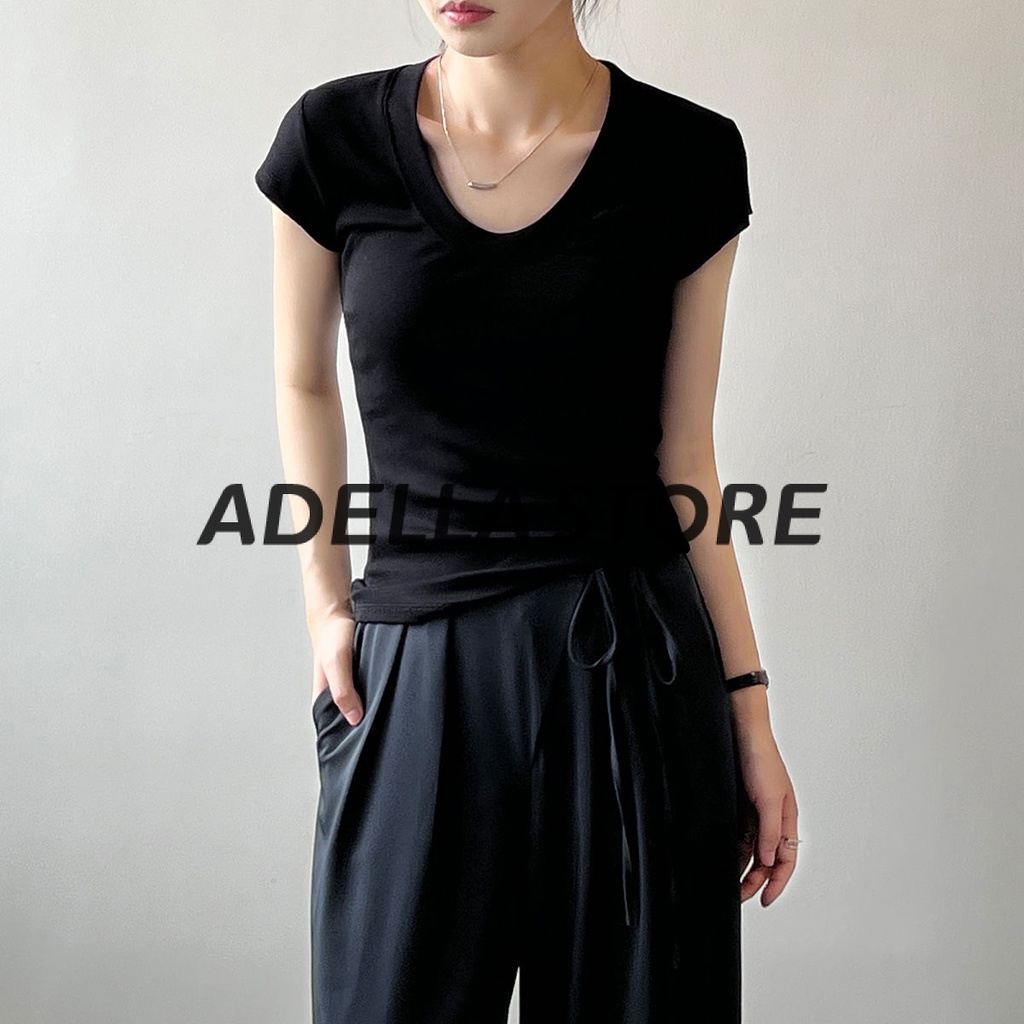Adella Store thun nữ cotton ngắn tay cổ tròn trơn mỏng vừa vặn màu trắng phong cách mới mùa hè A29J18M  0614