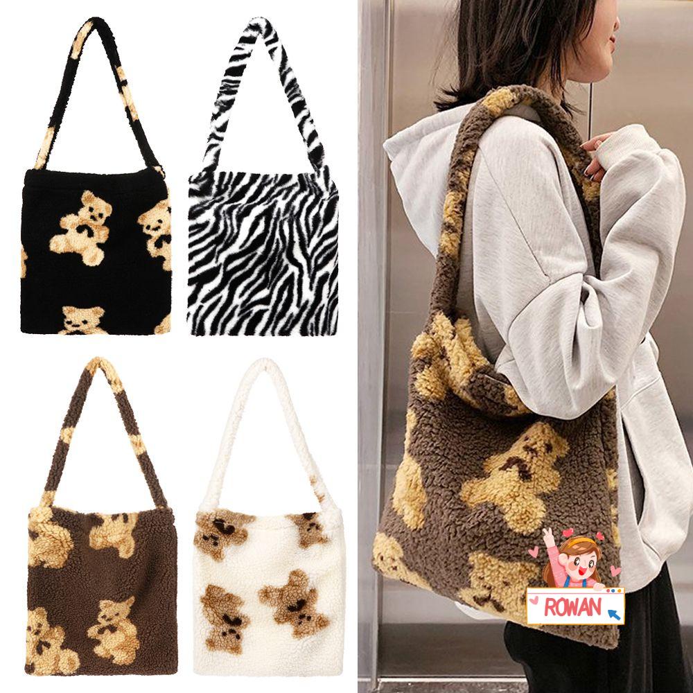 ROWANS Túi Xách Đeo Vai Phủ Lông In Hình Gấu Dễ Thương Thời Trang Thu Đông Dành Cho Nữ