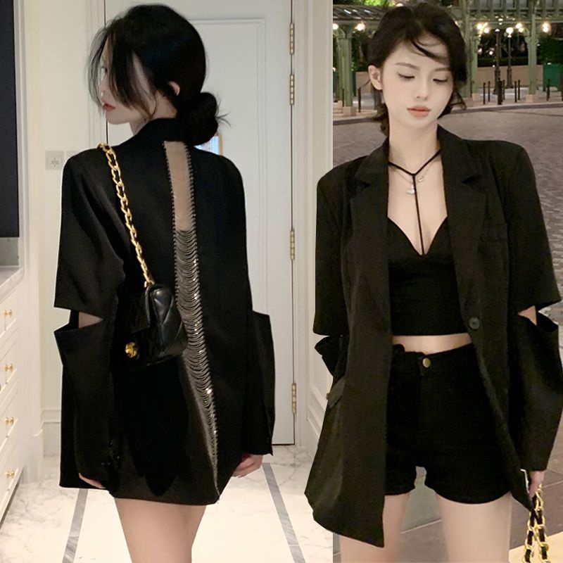 Áo Khoác Vest Hở Lưng Dáng Rộng Phối Dây Xích Thời Trang Xuân Thu 2023 Phong Cách Mới Cao Cấp Dành Cho Bạn Nữ