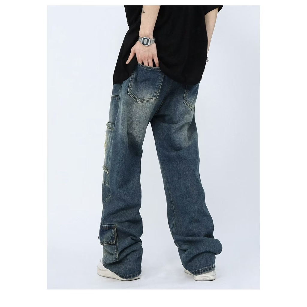 Quần Jean Dài Dáng Rộng Phối Nhiều Túi Phong Cách Retro