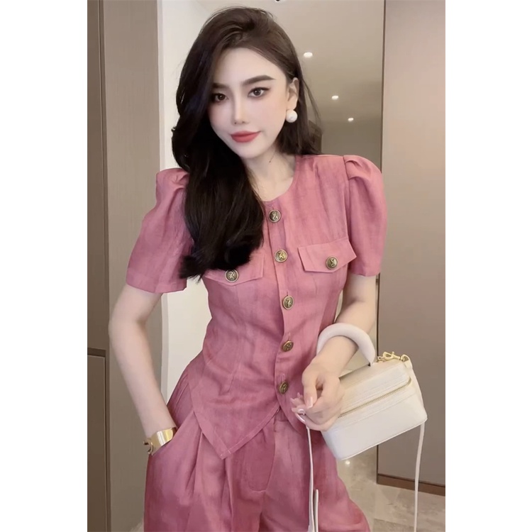 Áo Tay Ngắn Phồng Ôm Dáng Phối Nút Kim Loại + Quần Ống Rộng Thời Trang Mùa Hè 2023 Cho Nữ