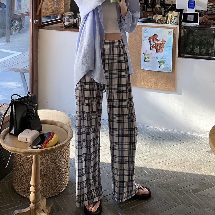 Quần ống rộng Lưng Cao Họa Tiết Sọc Caro Phong Cách Hàn Quốc Thời Trang Mùa Hè Mới Cho Nữ