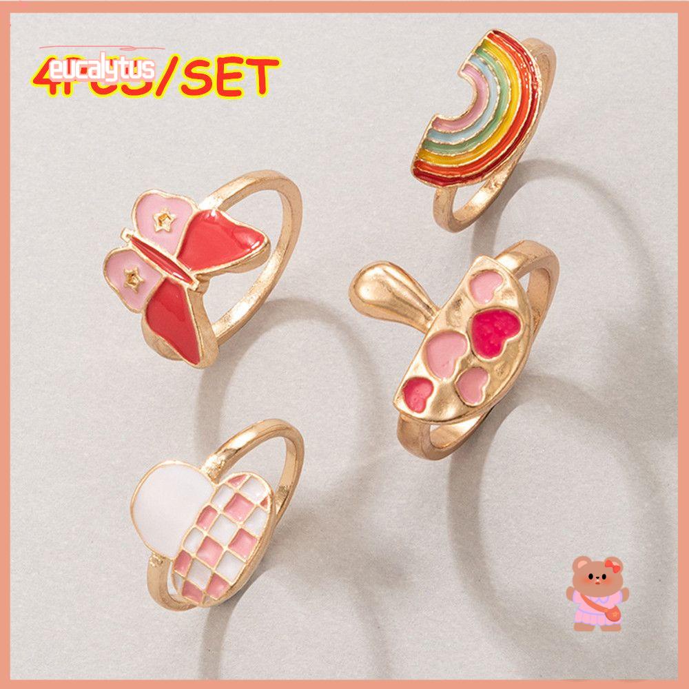 Set 4 Nhẫn Tráng Men Acrylic Hình Trái Tim Thời Trang