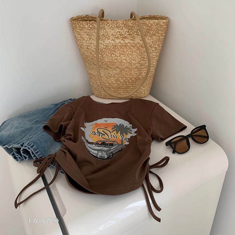 Áo Thun Tay Ngắn Phối Dây Rút In Họa Tiết Phong Cách Retro Mỹ Thời Trang Mùa Hè Cho Nữ