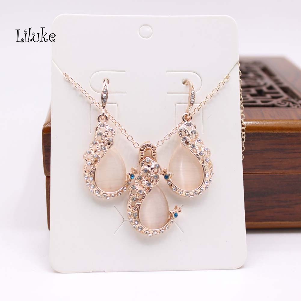 Bộ Vòng cổ + Đôi Khuyên Tai Mặt Đá Opal Giả Hình Giọt Nước Độc Đáo Cho