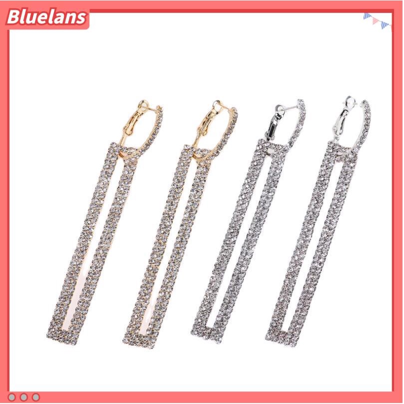 [BLS] Bông Tai Dài Hình Chữ Nhật Rỗng Đính Kim Cương Pha Lê Phong Cách Hàn Quốc