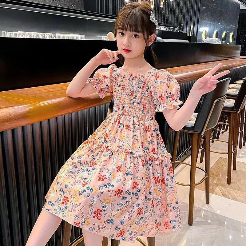 Đầm Công Chúa Màu Hồng Bằng Vải Voan Tay Phồng In Hoa Dành Cho Bé Gái 4-12 Tuổi