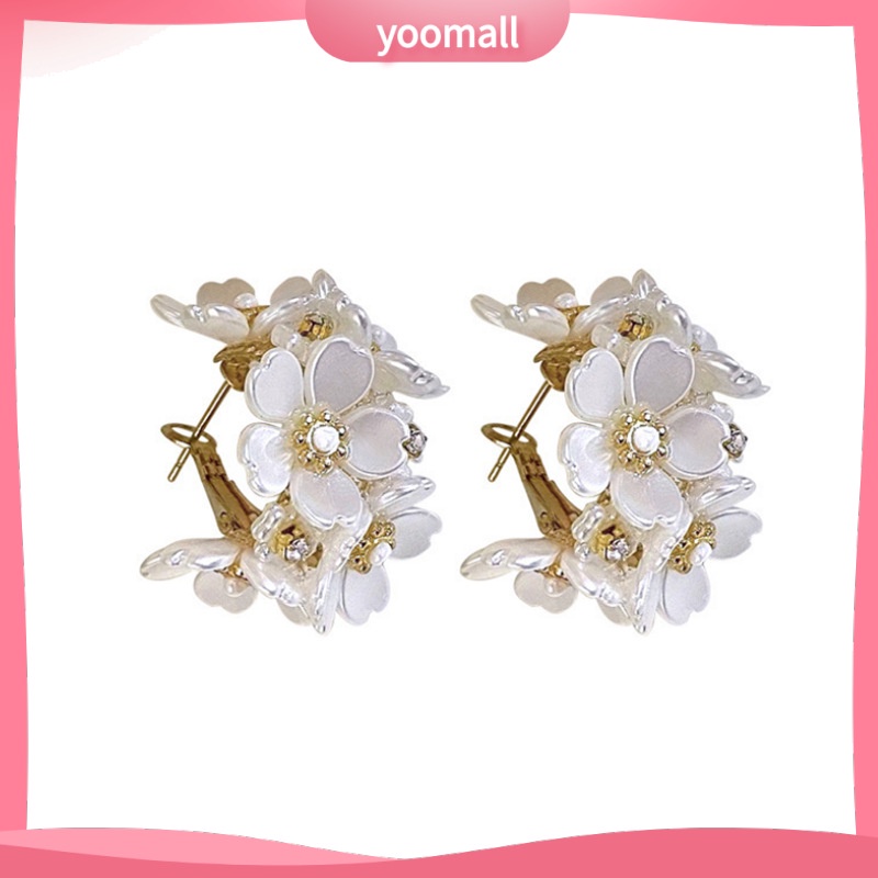 [YM] Bông Tai Thiết Kế Hình Hoa Trắng Đính Kim Cương Giả Vỏ Sò