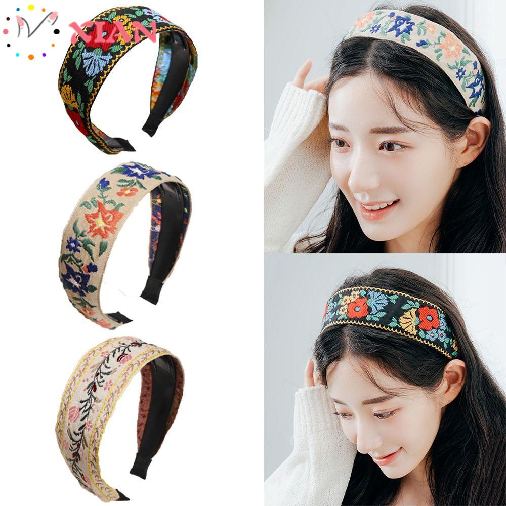 XIANTIN Xiantin Băng Đô Cài Tóc Bản Rộng Họa Tiết Hoa Phong Cách Bohemia Dân Tộc Cho Nữ