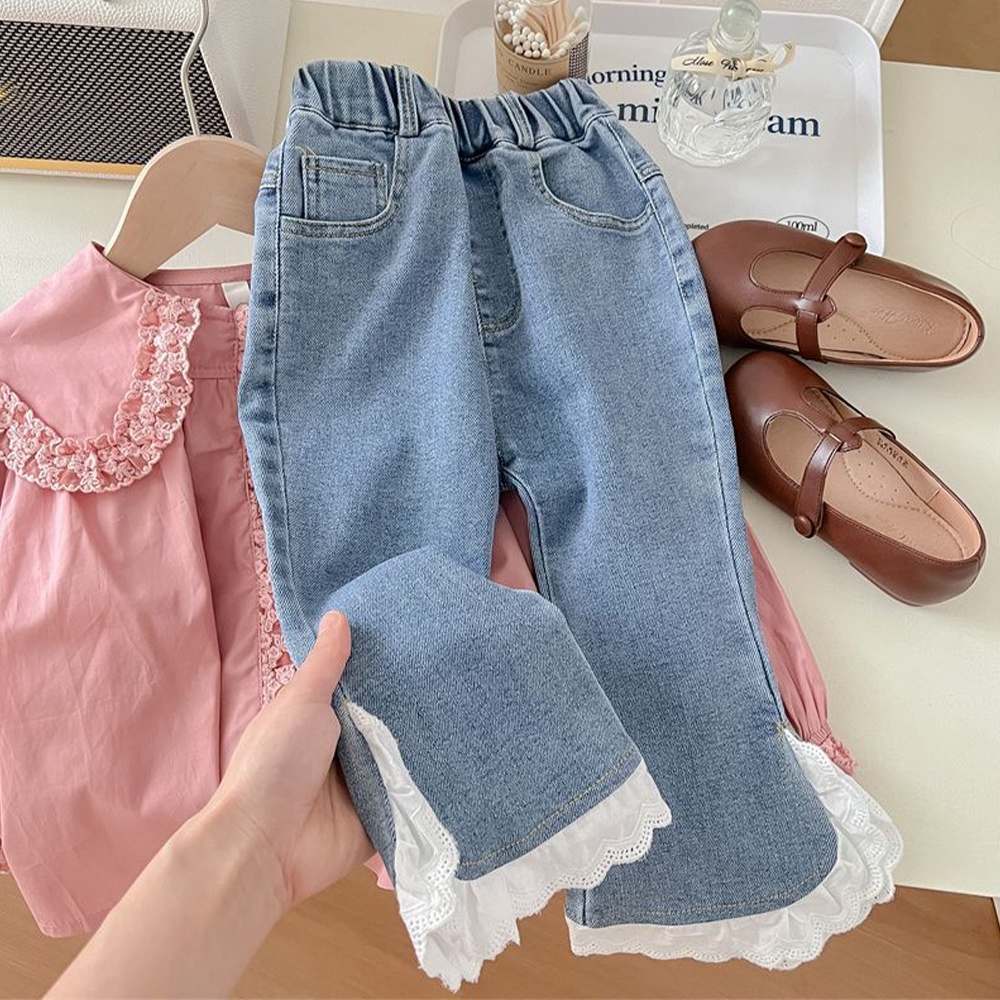 BEAR LEADER Set Đồ Mùa Hè 2 Món Gồm Áo Sơ Mi Tay Dài Cổ Búp Bê Màu Hồng + Quần Jeans Viền Hoa Màu Trơn Cho Bé Gái 2-6 Tuổi