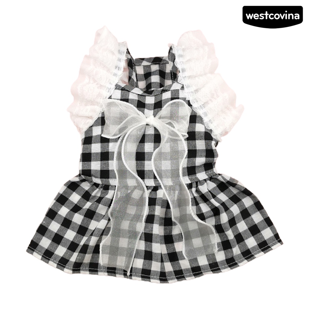 [COD]♞Đầm Công Chúa Họa Tiết Caro Đính Nơ Phối Ren Xinh Xắn Cho Thú Cưng