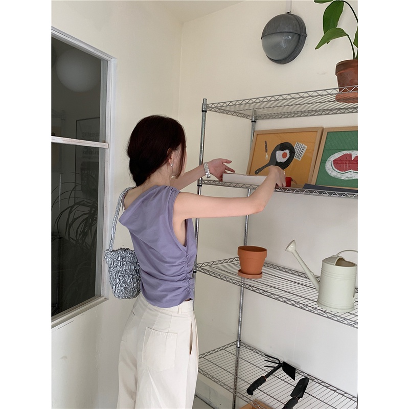 Áo Sơ Mi Ngắn Xếp Ly Lệch Tà Màu Trơn Phiên Bản Mới Hàn Quốc Mùa Hè