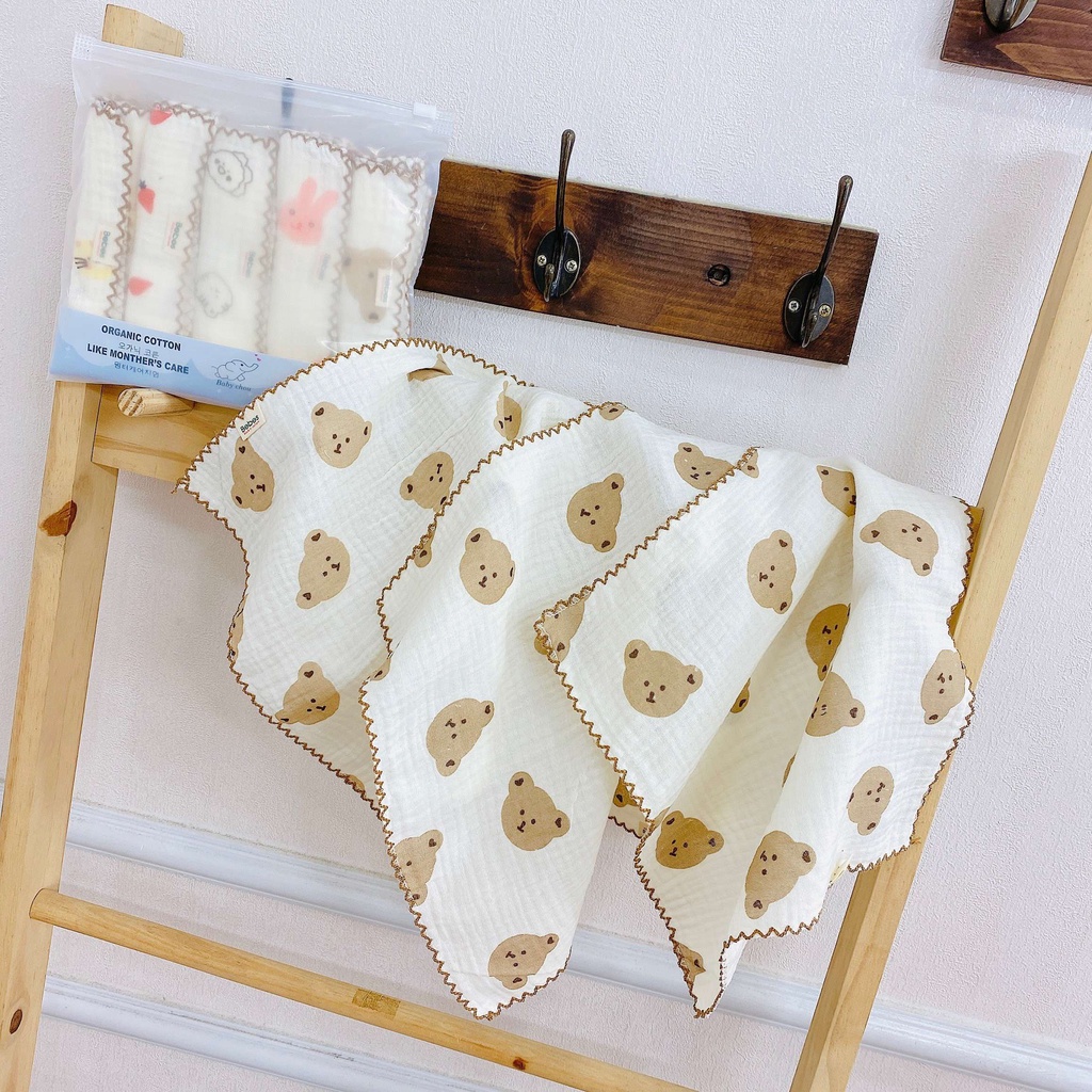 Set 5 Khăn Sữa May Viền Bebes, set 5 Yếm Tam Giác Bebes May Viền vải muslin cao cấp cho bé