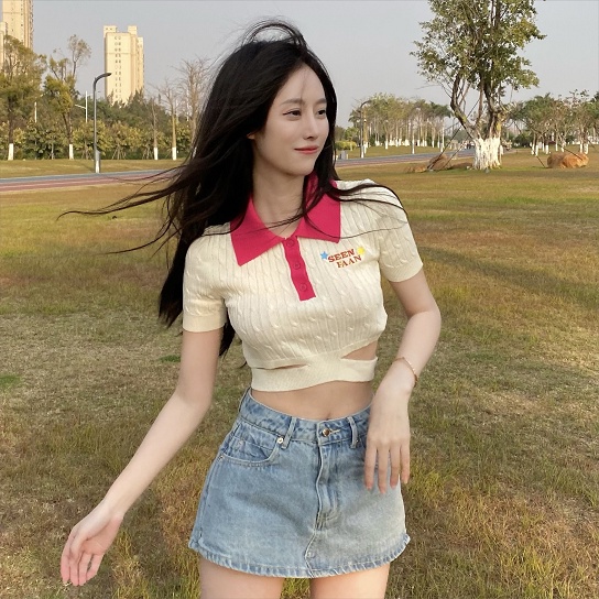 Nzn Áo Thun polo Dệt Kim Tay Ngắn Dáng Ôm Màu Tương Phản vintage Hàn Quốc Cho Nữ