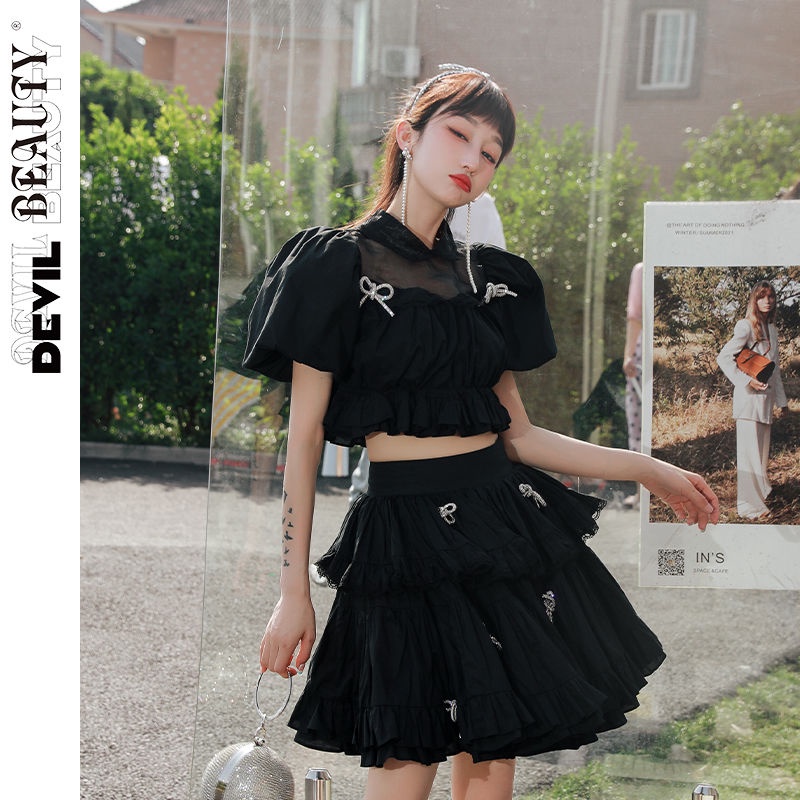 Bộ Áo Ngắn Tay Phồng Đính Nơ Giả Hai Lớp + Chân Váy Ngắn Phong Cách Mới Dành Cho Nữ Y2