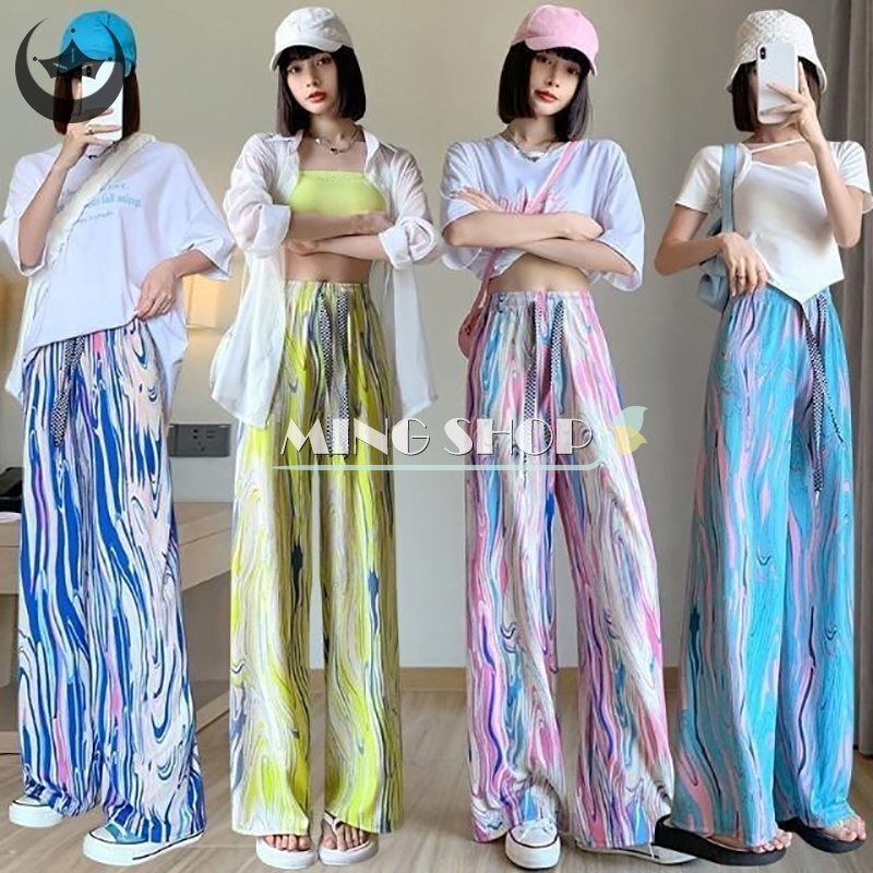Ming Quần Dài Lưng Cao Ống Rộng Vải Lụa Lạnh Mỏng Co Giãn Họa Tiết Kẻ Sọc Thời Trang Mùa Hè Cho Nam Và Nữ
