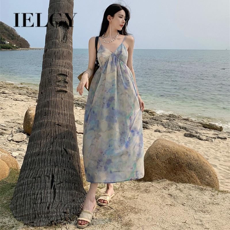 Ielgy Đầm Dài Rộng In Hoa Màu Xanh Dương Nhạt Nhẹ Nhàng Có Hương Thơm Cho Nữ