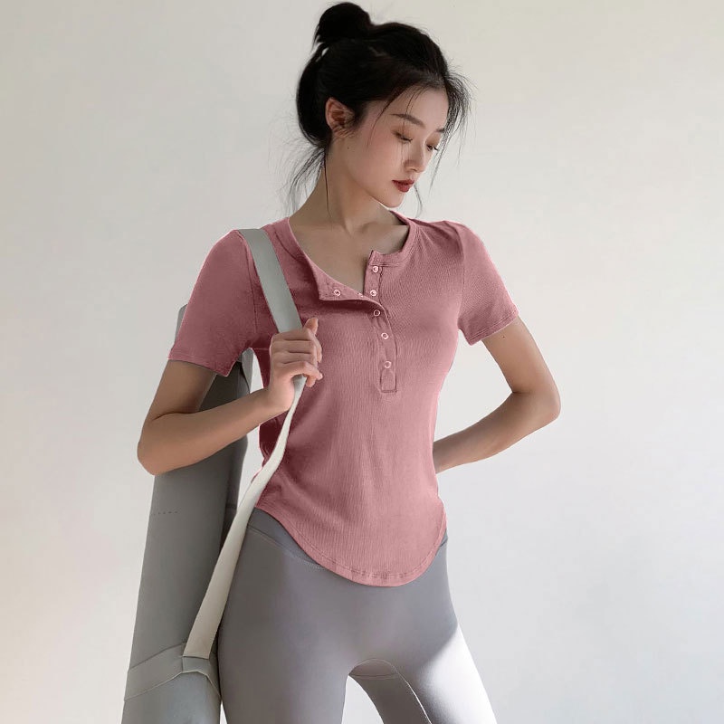 Yoga Sports Top Short Sleeve Button rèn luyện và mặc hàng ngày