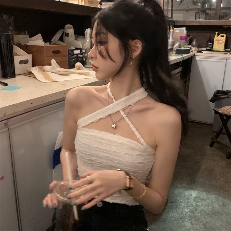 Áo Hai Dây Dáng Ngắn Màu Hồng Trơn Phong Cách Âu Mỹ Quyến Rũ Cho Nữ