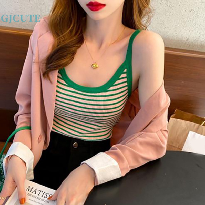 Áo Hai Dây Dệt Kim Mỏng Mùa Hè In Họa Tiết Sọc Cổ Điển Cho Nữ WTD