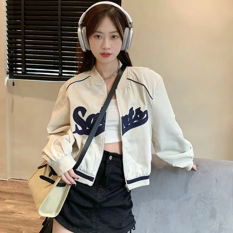 Áo Khoác Bóng Chày Cổ Đứng Dáng Rộng Thêu Chữ Thời Trang Xuân Thu Cho Nữ