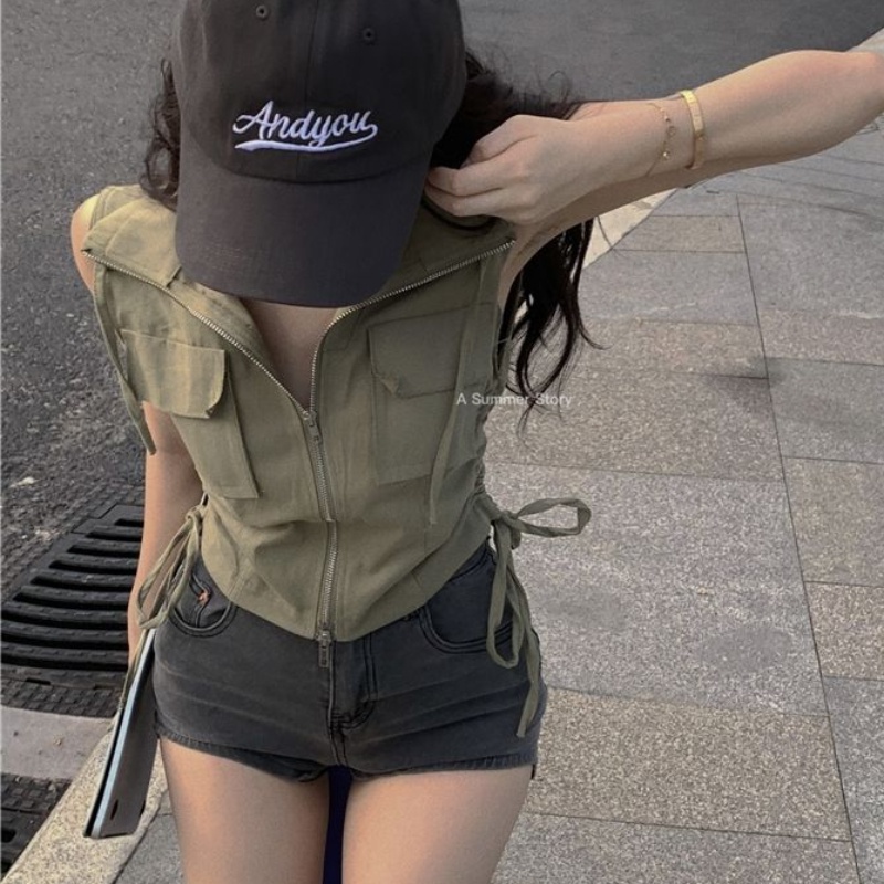 Áo sơ mi crop không tay màu trơn áo voan cổ polo áo sơ mi túi có khóa kéo áo khoác giản dị phong cách đường phố cá tính