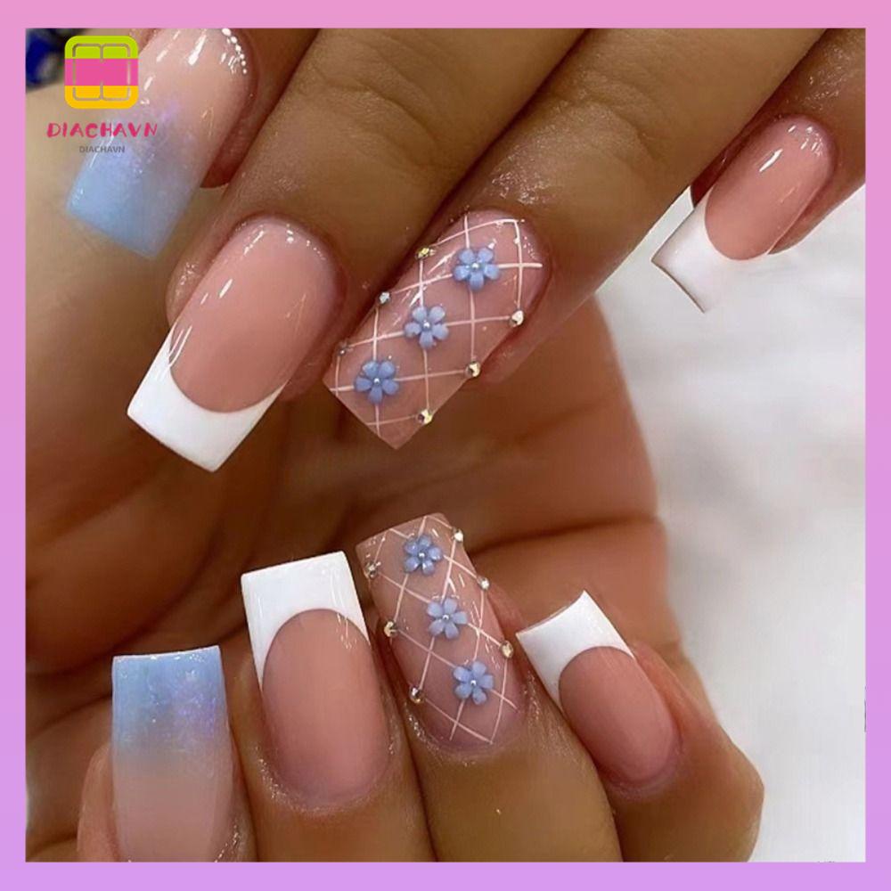 DIACHAVN Bộ 24 Móng Tay Giả Viền Trắng