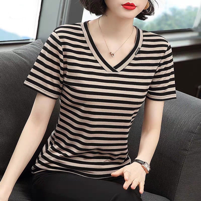 Áo Thun Ngắn Tay Cổ Chữ v Họa Tiết Kẻ Sọc Phong Cách Hàn Quốc Mới