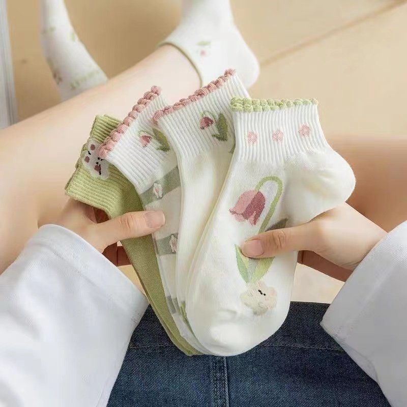 Set 1 / 5 Đôi Vớ Thoáng Khí Họa Tiết Hoa Tulip Dễ Thương Cho Nữ